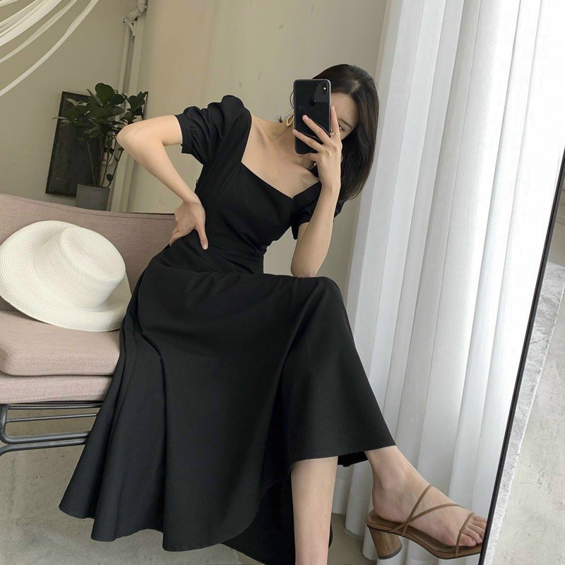 Đầm cổ vuông tay ngắn 3 màu