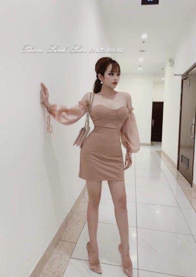 Đầm body cúp ngực phối tay lưới