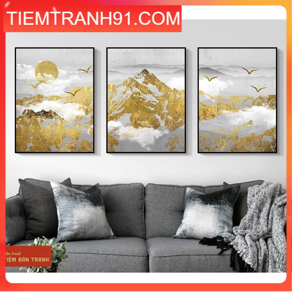 Bộ 3 tranh canvas trang trí phòng khách - 🍀tiệm tranh 91🍀 - tranh canvas vàng kim sang trọng, tặng kèm đinh treo