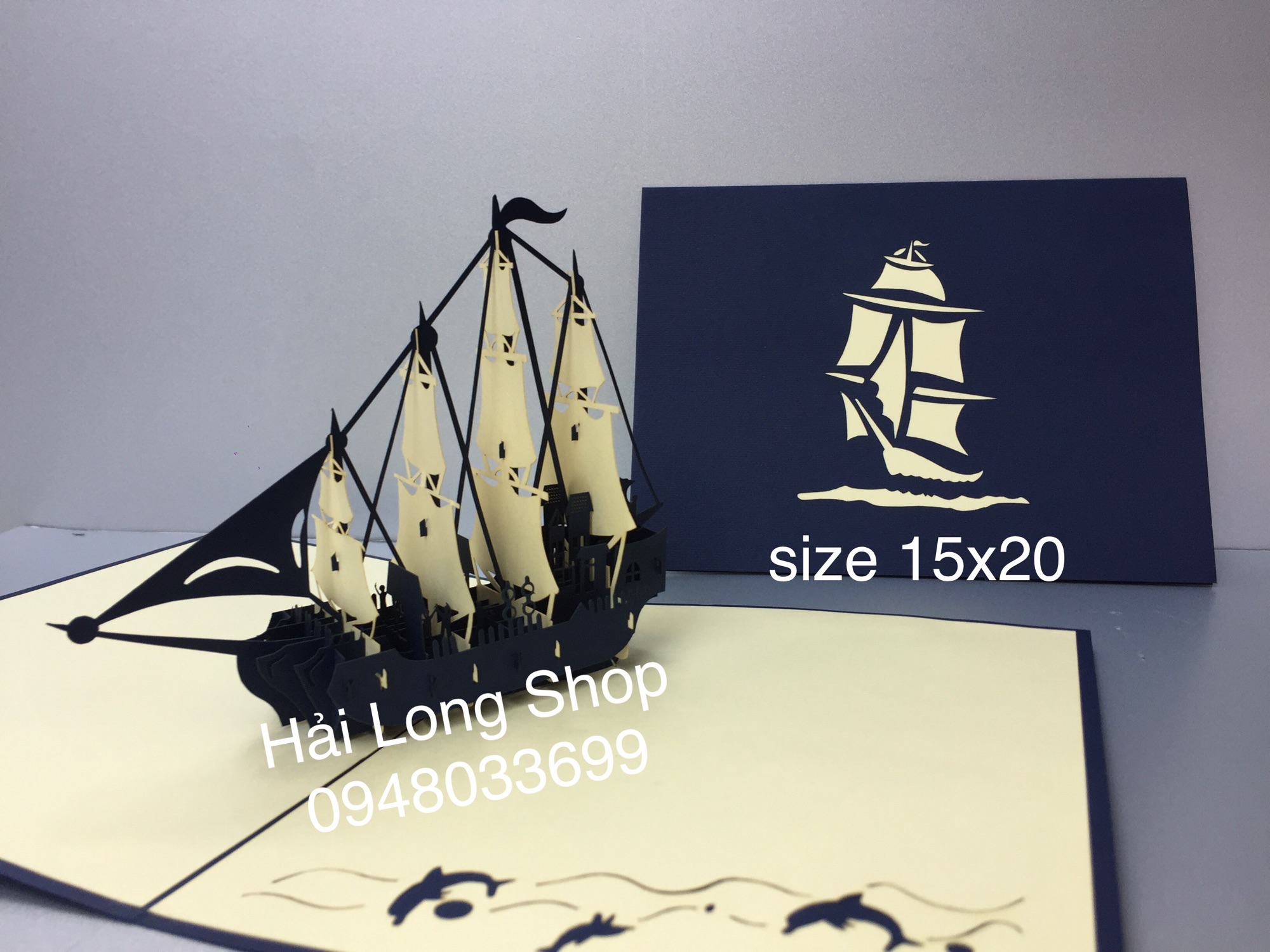 Thuyền 10   (4 cánh ) - Boat -  Thiệp 3D ( bìa xanh blue )