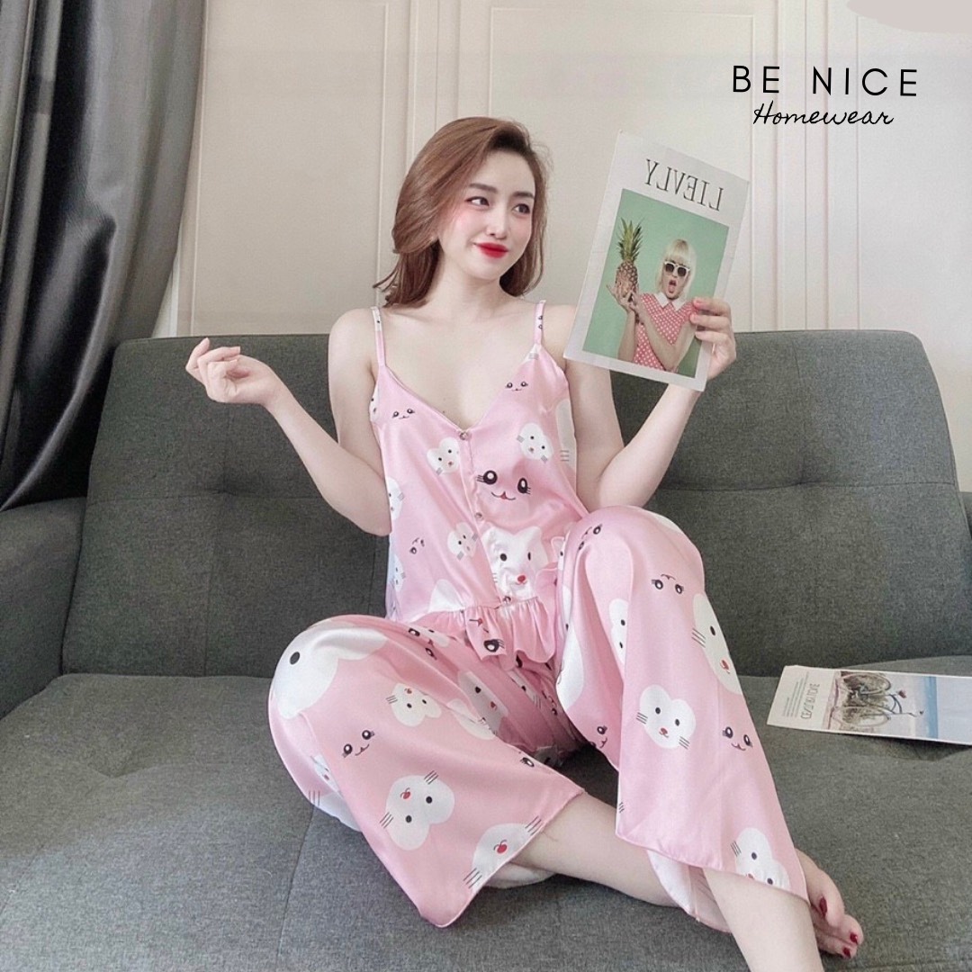 [HCM]Set lụa 2 dây mặc nhà quần dài họa tiết siêu đáng yêu