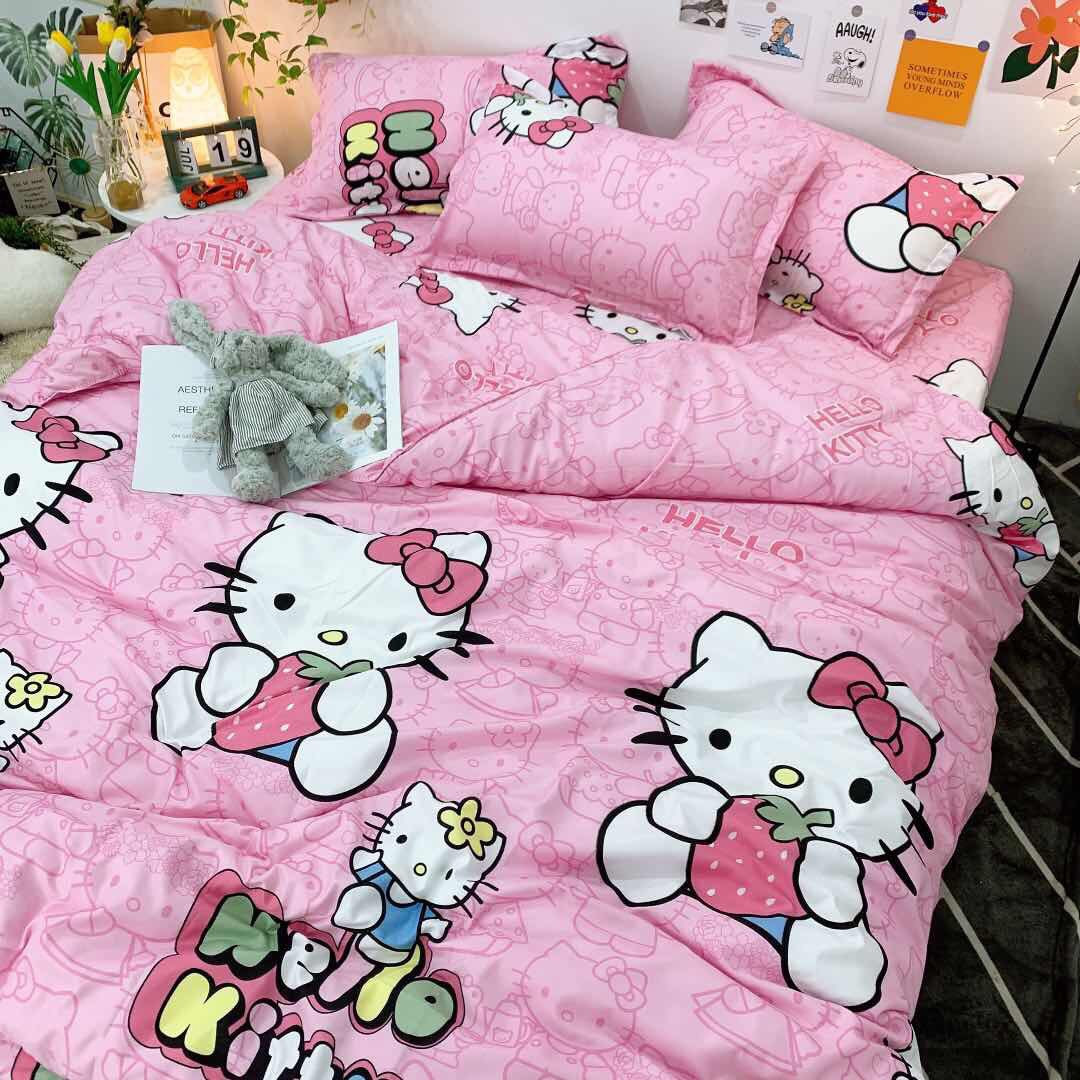 Bộ chăn ga gối phong cách Hàn Quốc mèo hồng bo chun đủ kích thước, chất mềm mịn