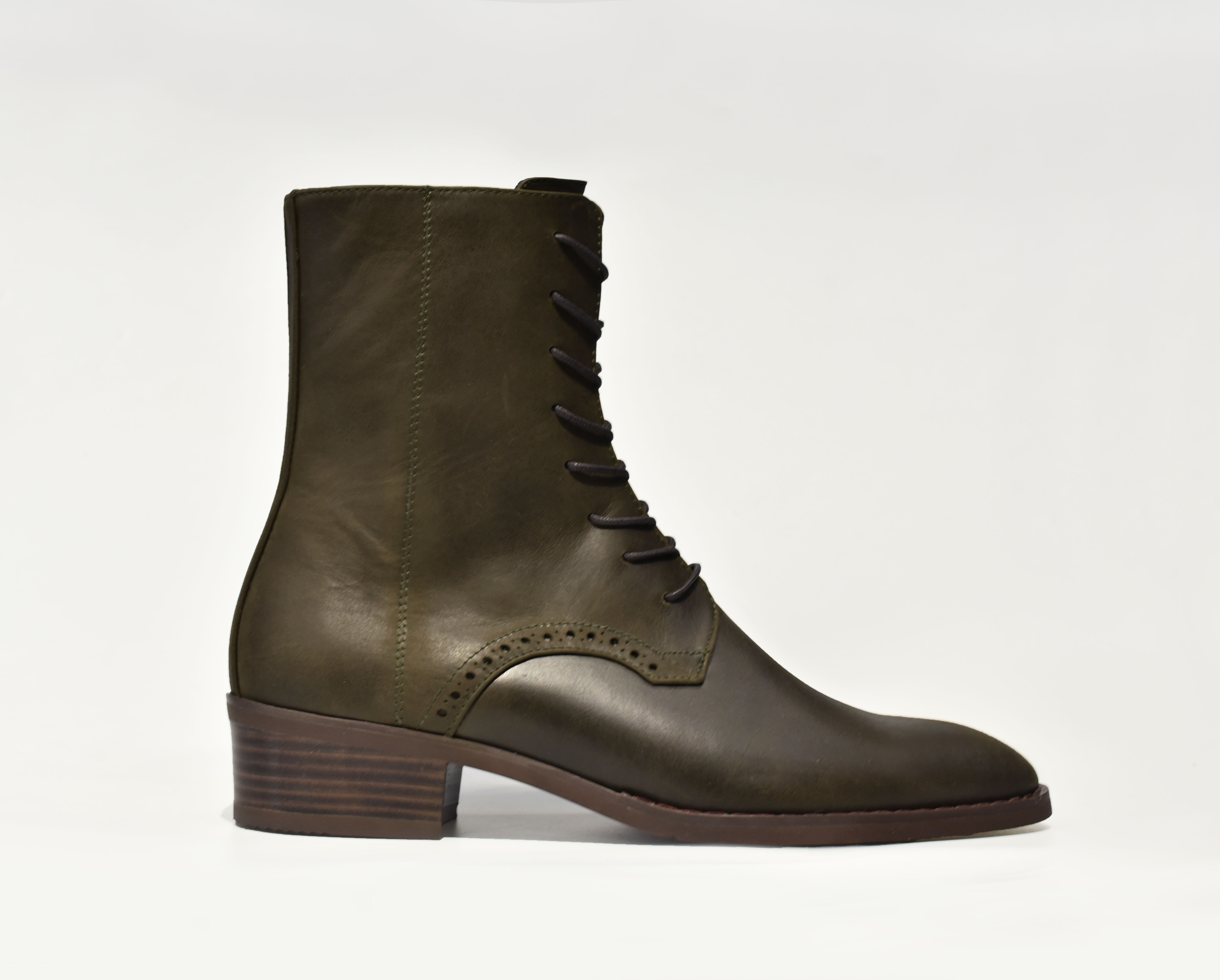 [TATHANIUM Footwear] Giày zip boot cột dây màu xanh rêu da bò pullup