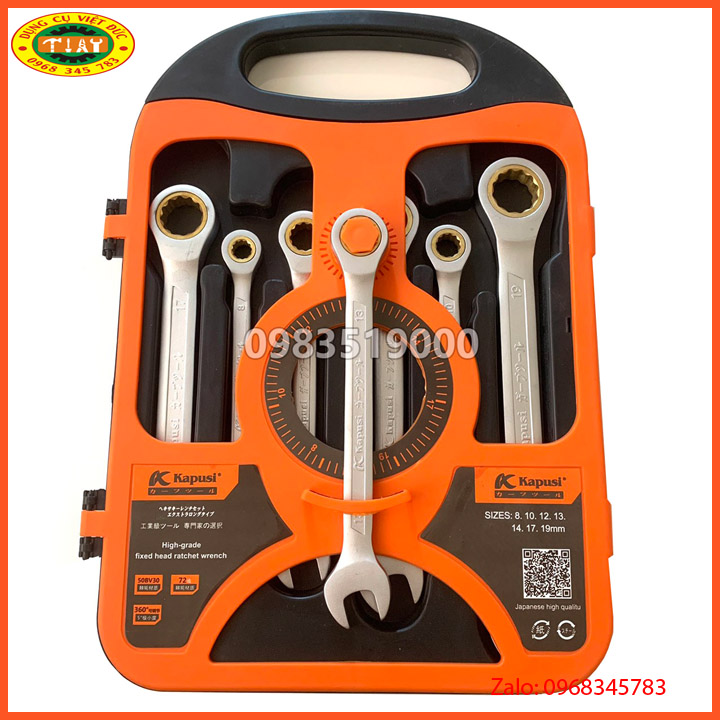 Bộ cờ lê tự động Kapusi Japan 8-19mm, thép CR-V chịu lực cao 50BV30, đầu tròng xoay bánh cóc 72 răng - Cờ lê vòng miệng tự động 360 độ, cờ lê bánh cóc, cờ lê tròng xoay, bộ chìa khóa tự động, Bộ cờ lê tạch, bo co le đảo chiều