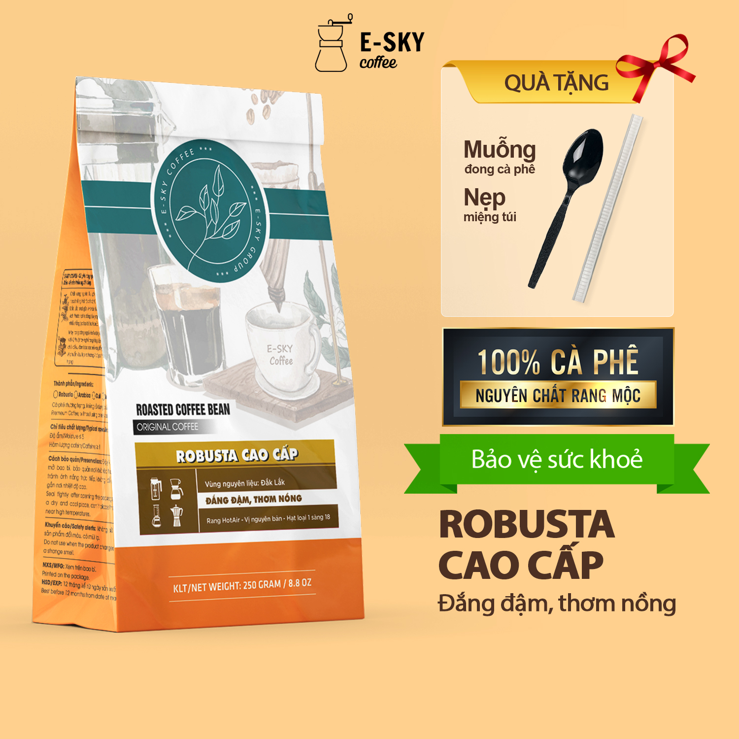 Cà Phê Rang Xay Nguyên Chất Robusta E-sky Coffee Cafe Pha Phin Pha Máy Cold Brew 250g-500g