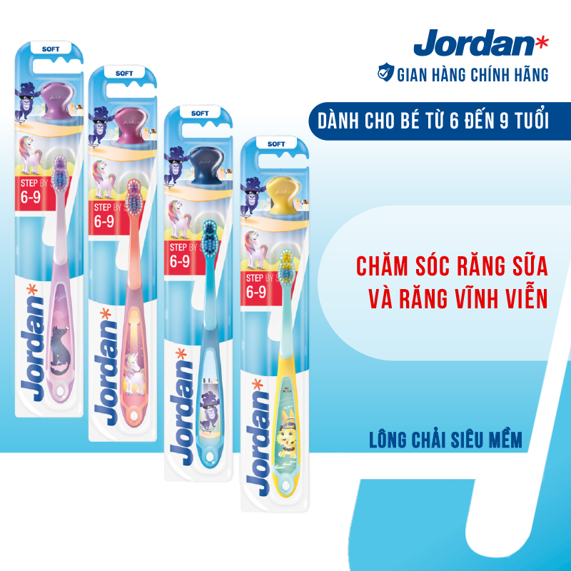 [Giao màu ngẫu nhiên] Combo 4 Bàn chải đánh răng Jordan trẻ em lông tơ mềm bước 3 cho bé 6-9 tuổi, xuất xứ Na Uy