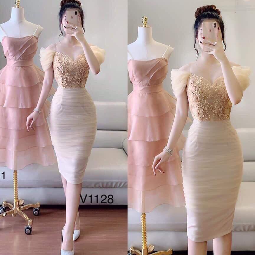 đầm nhún lưới phối ren đính kim sa