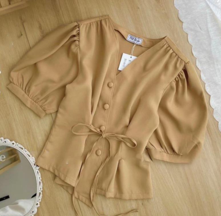 Áo Cổ V Thắt Eo Màu TRơn Mẫu Mới Phong cách Hàn Quốc Mùa Hè_Video Shop tự quay