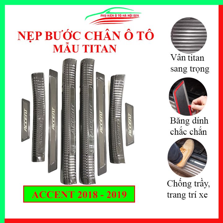 Bộ 8 nẹp bước chân trong ngoài ô tô Accent 2018-2021 mẫu titan, ốp bậc cửa lên xuống chống trầy xước, phụ kiện trang trí xe hơi