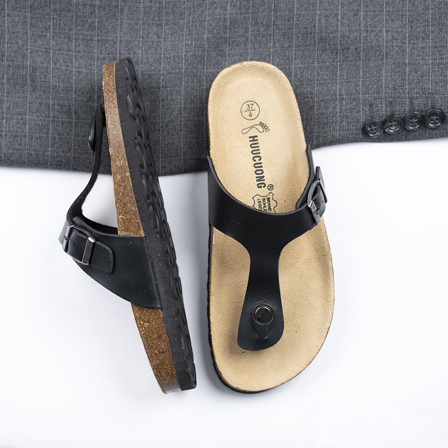Dép đế trấu unisex kẹp ngón da pu đen