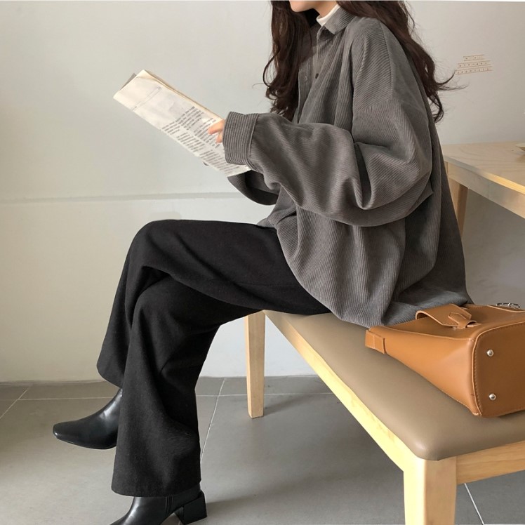 LEEVA - Áo sơ mi nhung gân form rộng A043