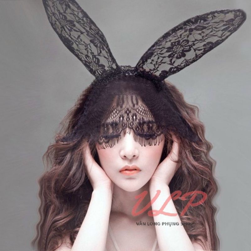 Cài tóc / bờm tóc tai thỏ có màn ren che mặt sexy