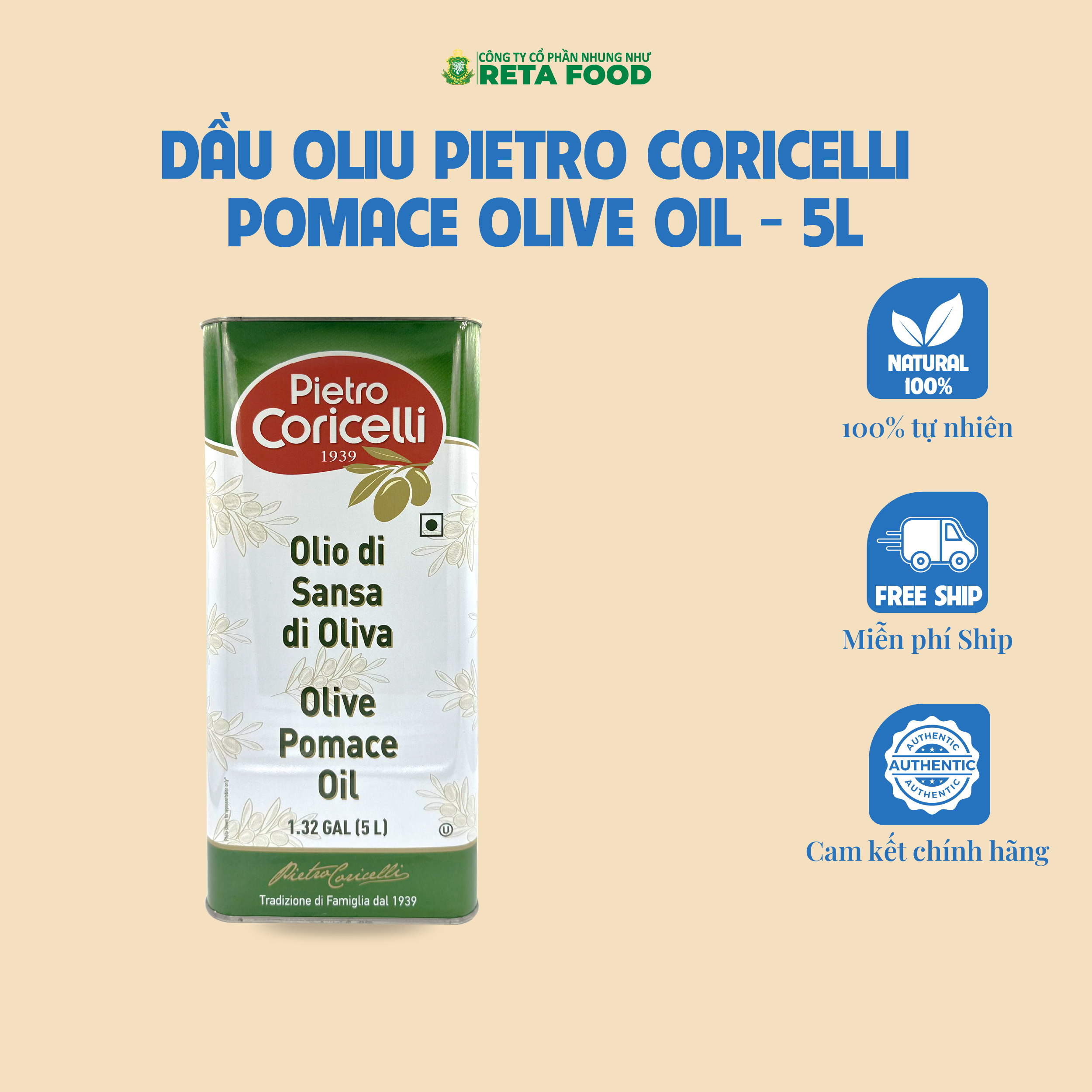 Olive Pomace Oil Pietro Coricelli 1L/5L – Italian Imported Olive Oil – High Smoke Point – Suitable for Frying & Cooking