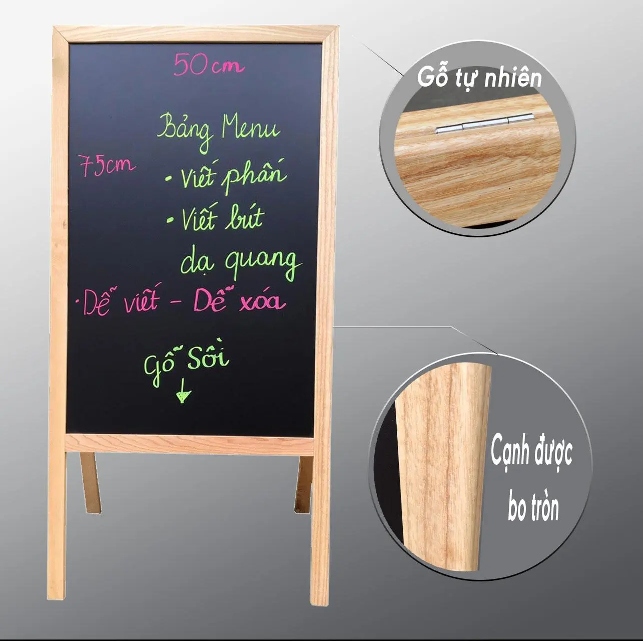 Bảng menu nhà hàng 2 mặt (tặng 1 bút dạ quang, 1 hộp phấn màu) khung gỗ chân đứng Model Plus