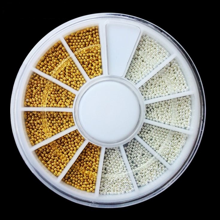 Đá bi đính móng tay mix màu trắng & vàng hộp xoay