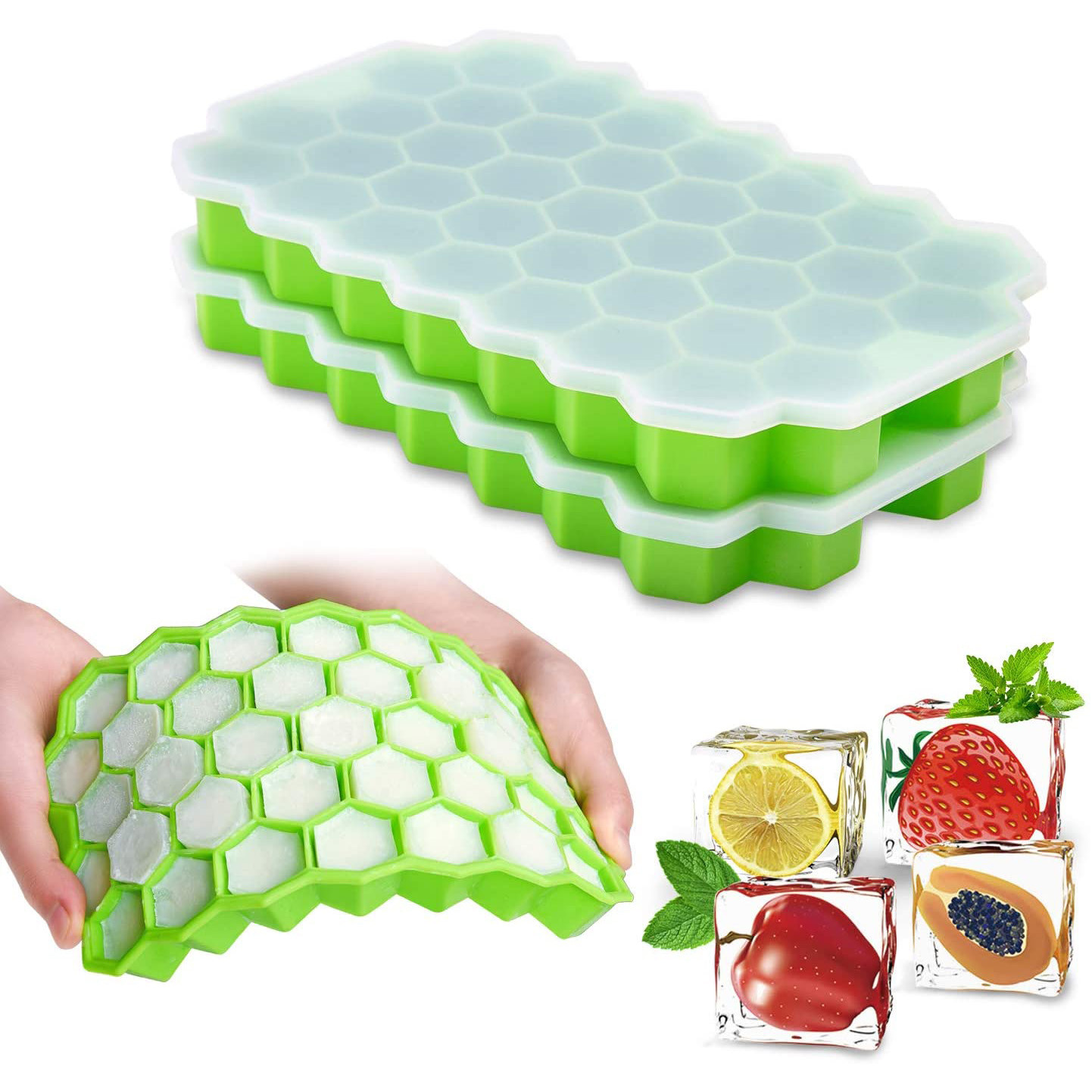 Combo 5 khay silicon làm đá hình tổ ong 37 viên có nắp đậy