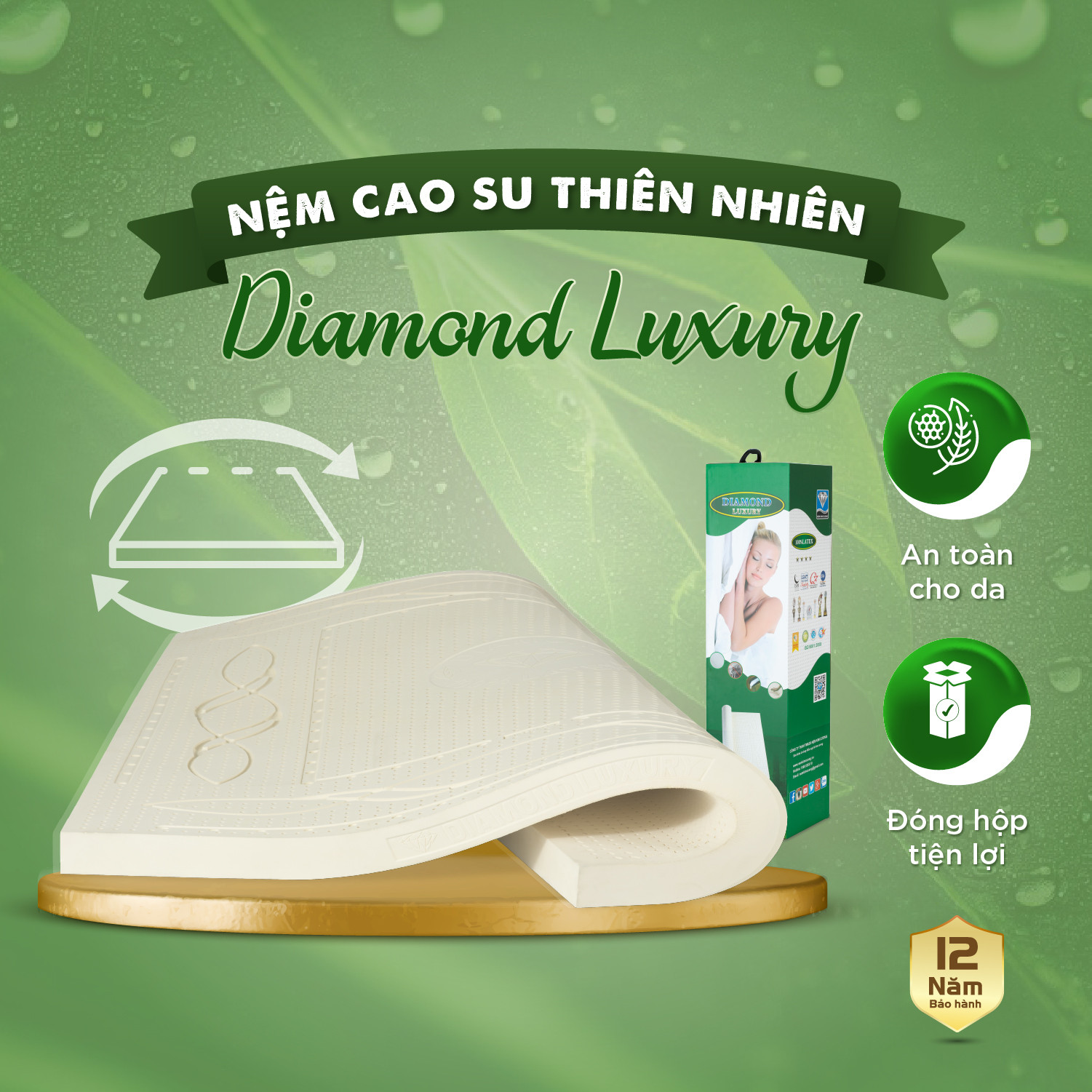 Nệm nằm ngủ Cao Su Thiên Nhiên Kim Cương Luxury -Bảo hành 12 năm.