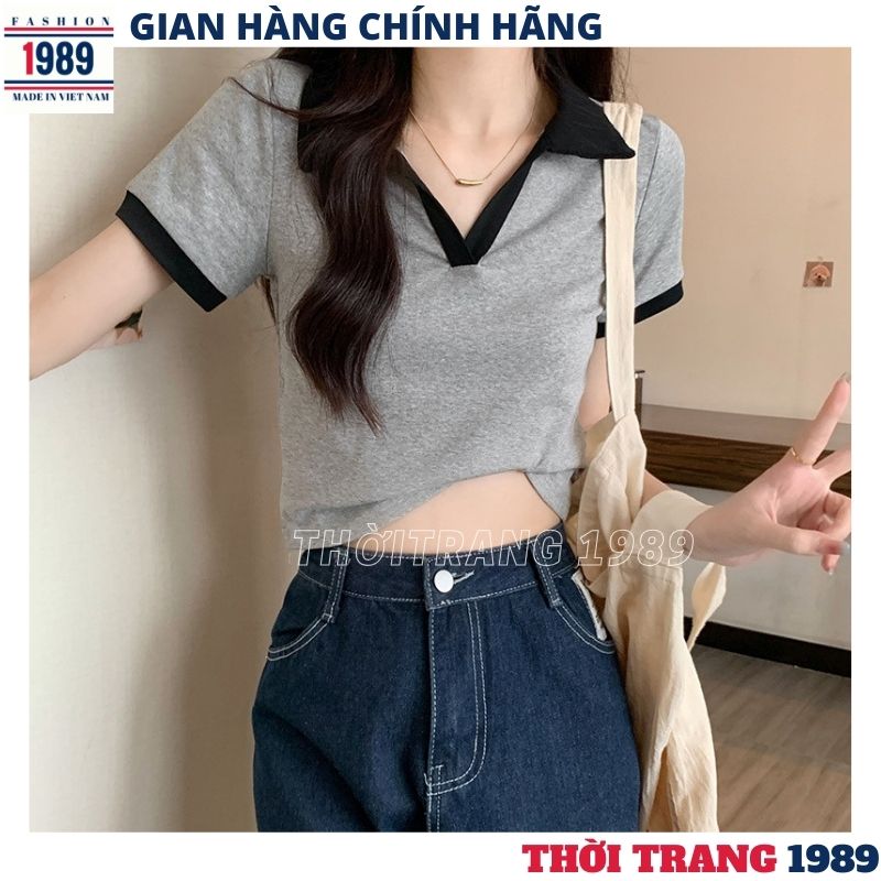 Áo thun nữ cổ V phối viền thời trang trẻ trung, Áo polo cổ bẻ chạy viền thời trang hàn quốc, áo phông nữ -1989