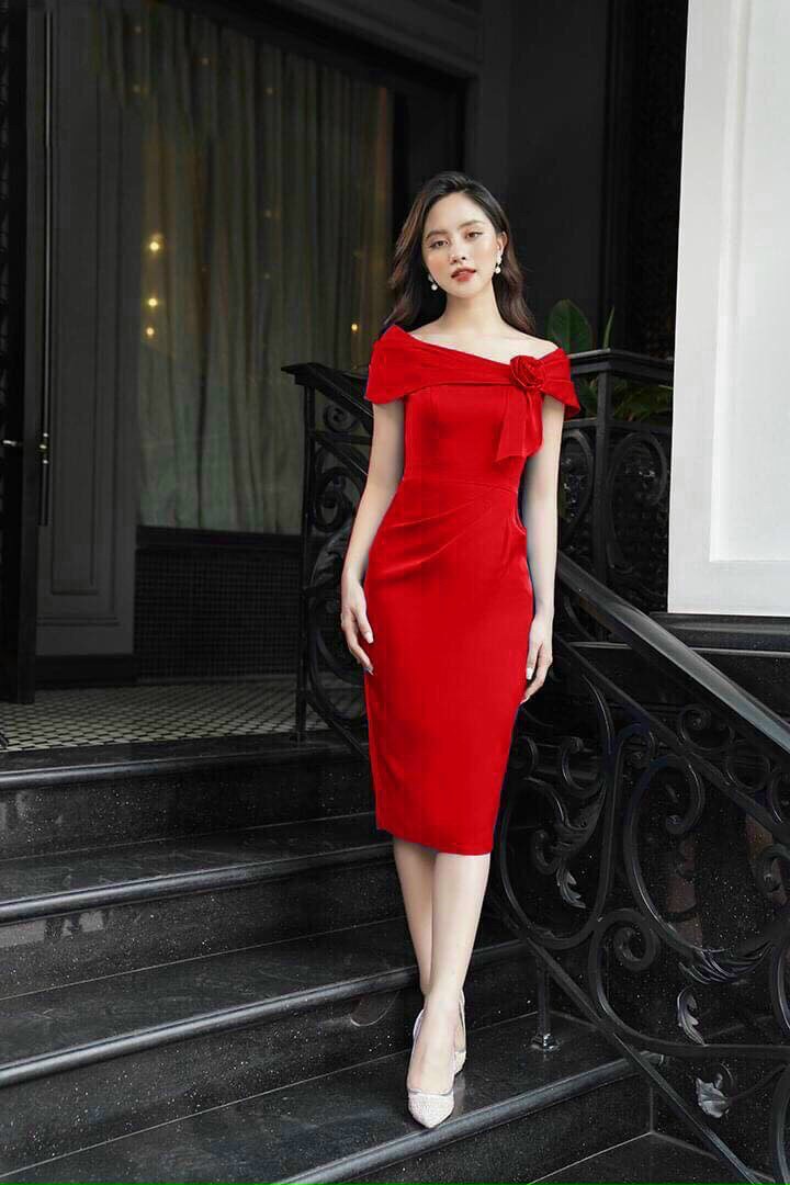 Đầm ôm trễ vai bông ngực nơ hàng thiết kế sang trọng - YB220719