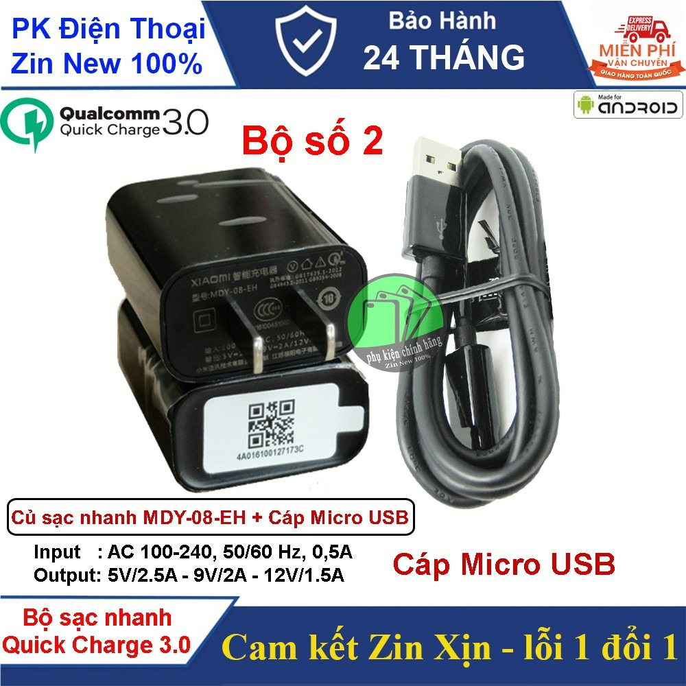 Củ sạc và Cáp sạc nhanh Xiaomi (Quick Charge 3.0) MDY-08-EH, MDY-08-EF Chuẩn Zin-BH 12 Tháng
