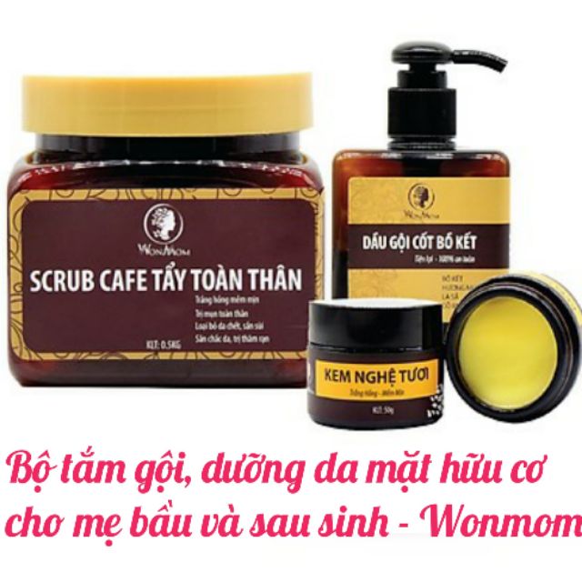 Bộ tắm gội , dưỡng da mặt hữu cơ cho mẹ bầu và sau sinh Wonmom - Việt Nam (1 SCRUB CAFE TẮM TẨY TOÀN THÂN + 1 DẦU GỘI CỐT BỒ KẾT + 1 KEM NGHỆ TƯƠI MẶT) WM510