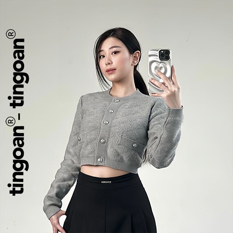 Tingoan - áo len xù cardigan cổ tròn vân quả trám nổi dài tay xám rachel top/gr