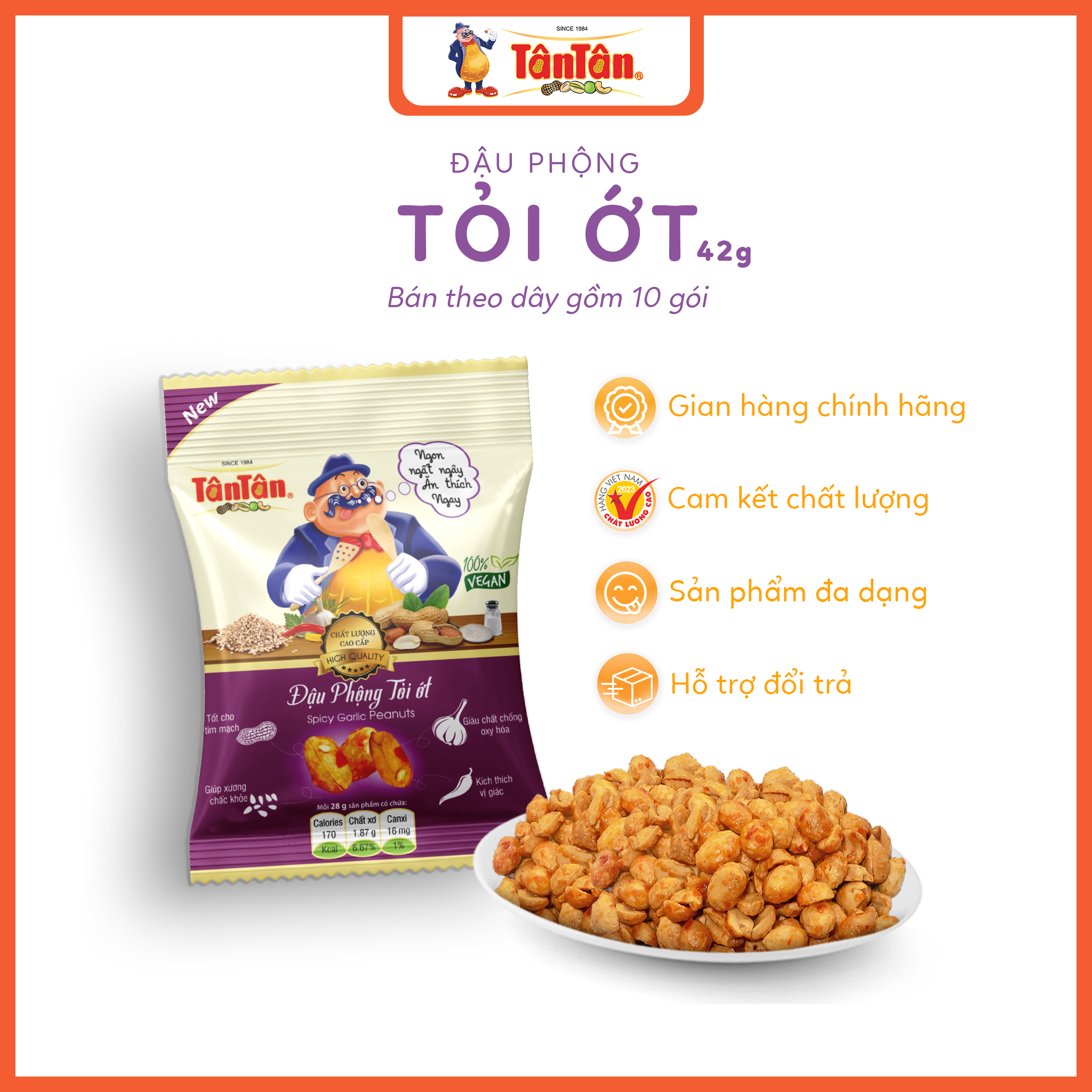 10 gói Đậu phộng Tỏi Ớt Tân Tân (42g/gói)