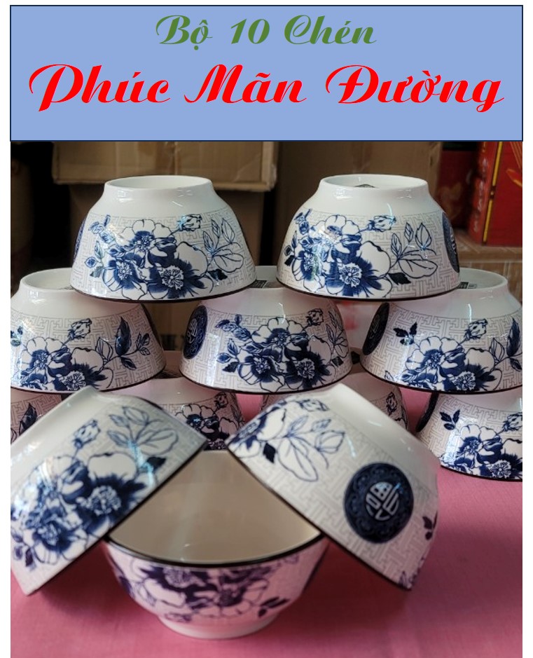 Bộ tô, chén, dĩa gốm sứ hoa văn Chữ Phúc (Gồm 3 Tô kiểu Nhật, 4 Dĩa , 10 Chén cơm)+ Tặng 10 đôi đũa nhựa xoắn 2 đầu