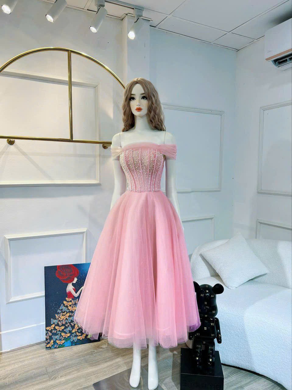 Đầm xoè dự tiệc TRIPBLE T DRESS bẹt vai lưới công chúa kết cườm siêu xinh -size S/M/L - MS08V