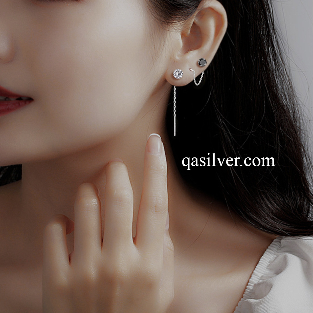 Khuyên tai bạc 925 dáng dài nụ đính đá đen trắng bông nữ S925 CHAIN QA SILVER Earrings EA250503