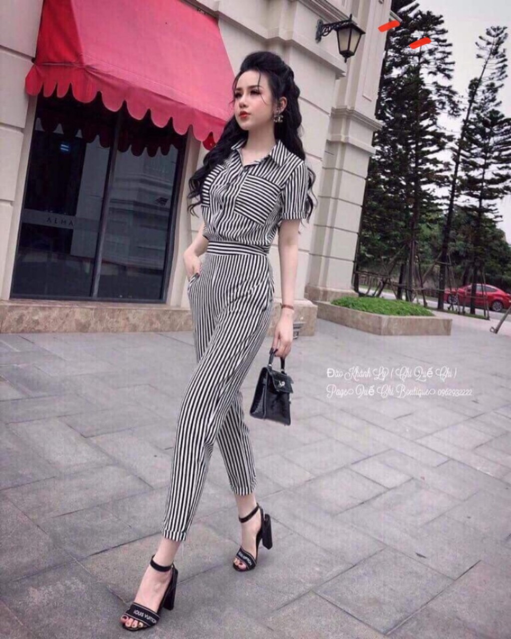 Jumsuit dạo phố quần dài sọc đứng cổ sơ mi