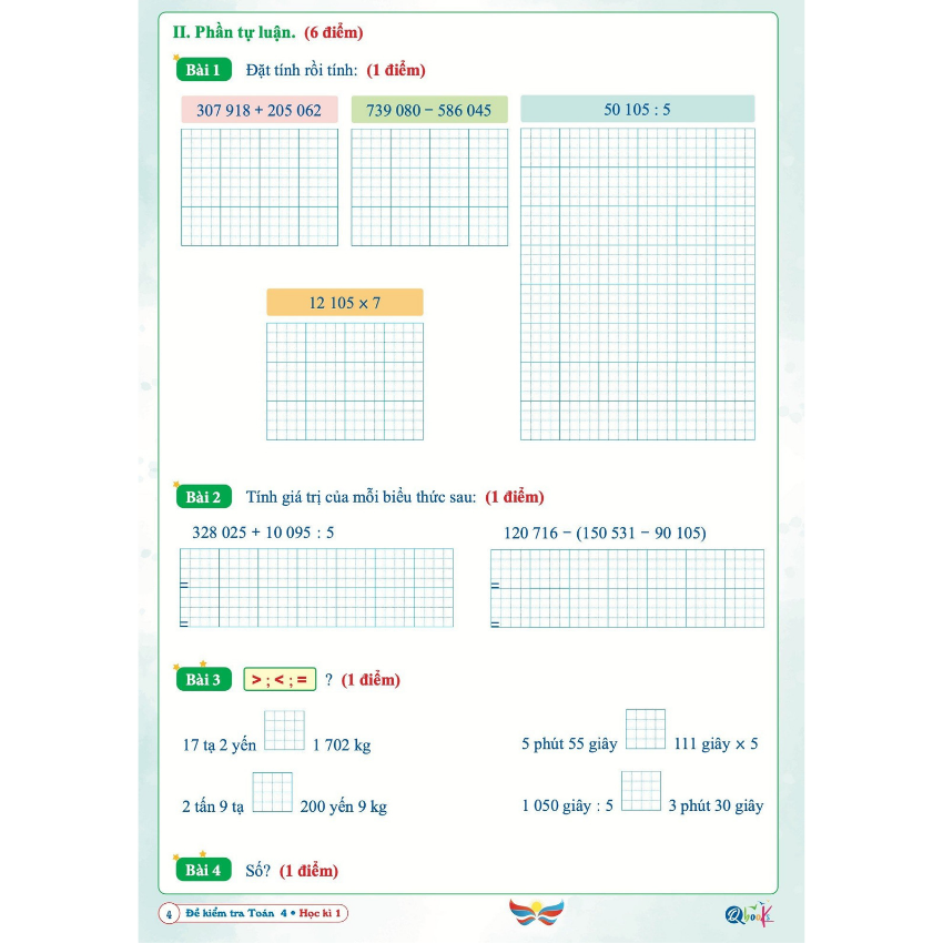 SÁCH - [ Lớp 4 - hk1 ] - Cánh diều - Đề kiểm tra toán 4 hk1
