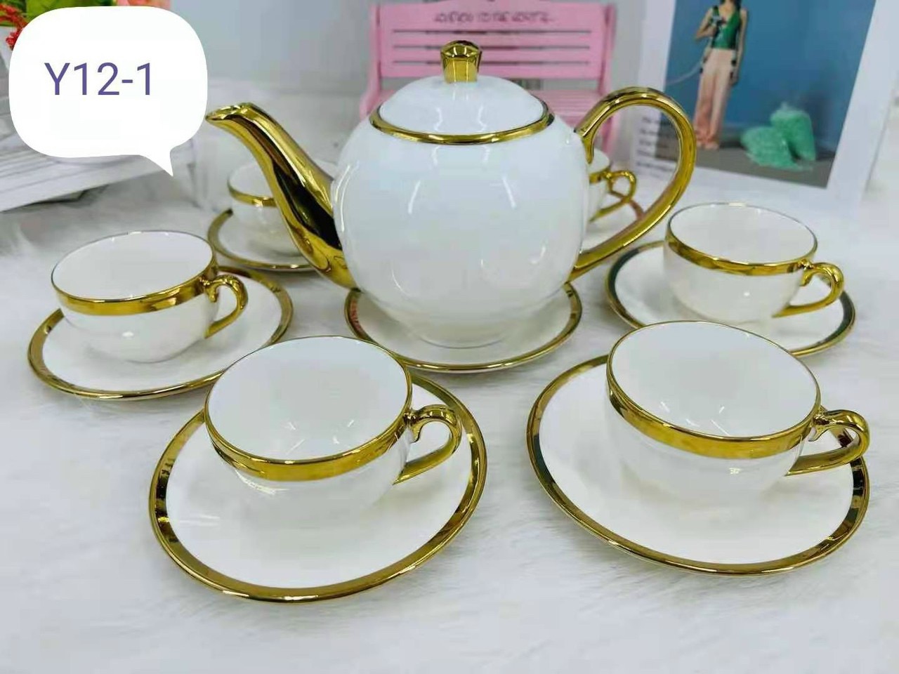 Bộ ấm chén pha trà sứ xương cao cấp kèm đĩa lót tách trắng viền vàng