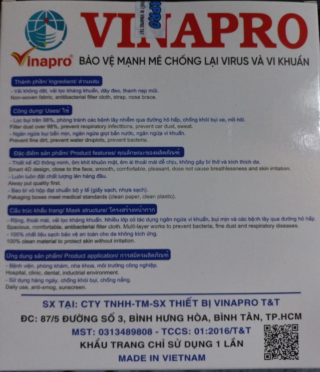 Khẩu trang kháng khuẩn N95 VINAPRO (10 cái/ hộp)