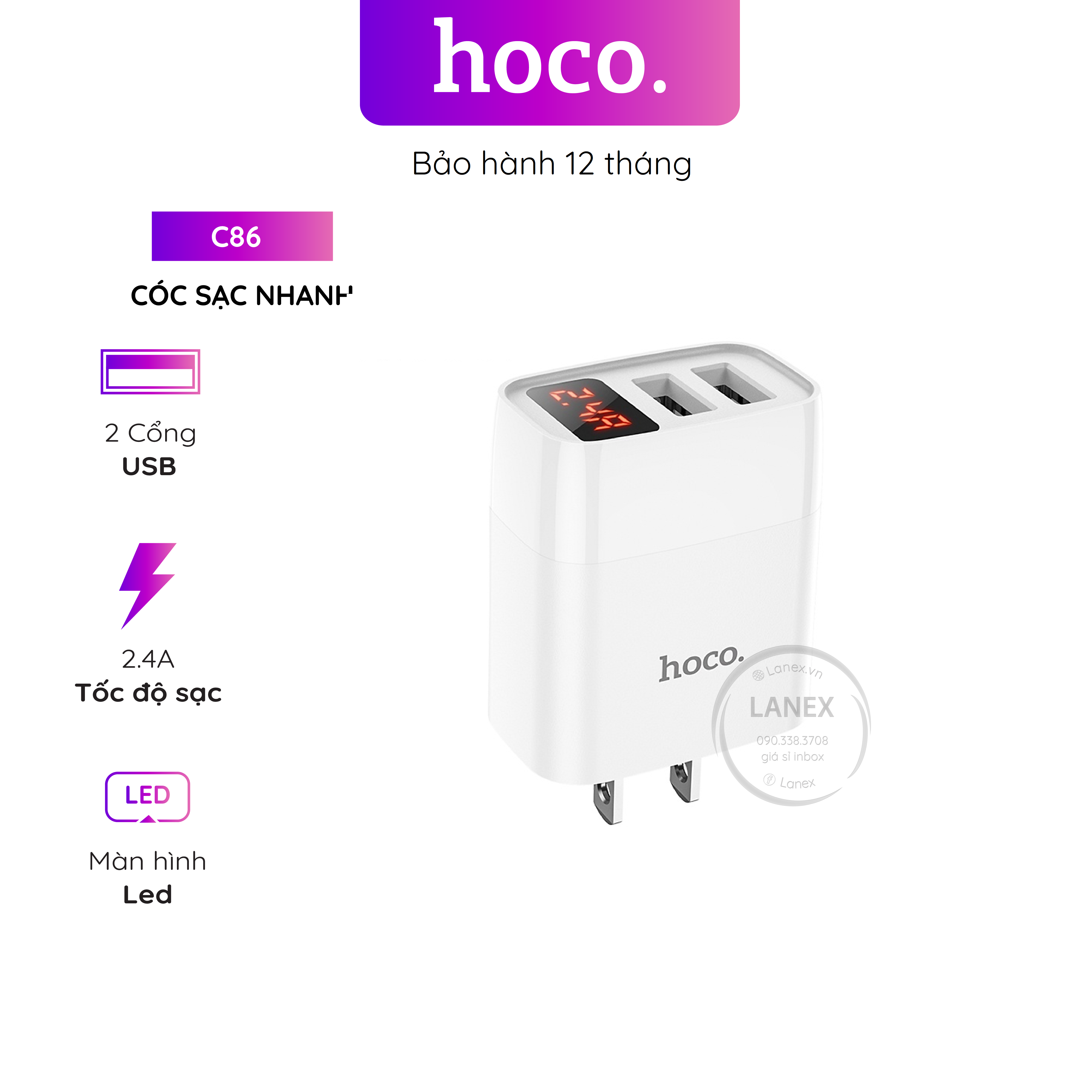 Cóc Sạc Nhanh Hoco C86 2 Cổng Usb 2.4a Màn Hình Led