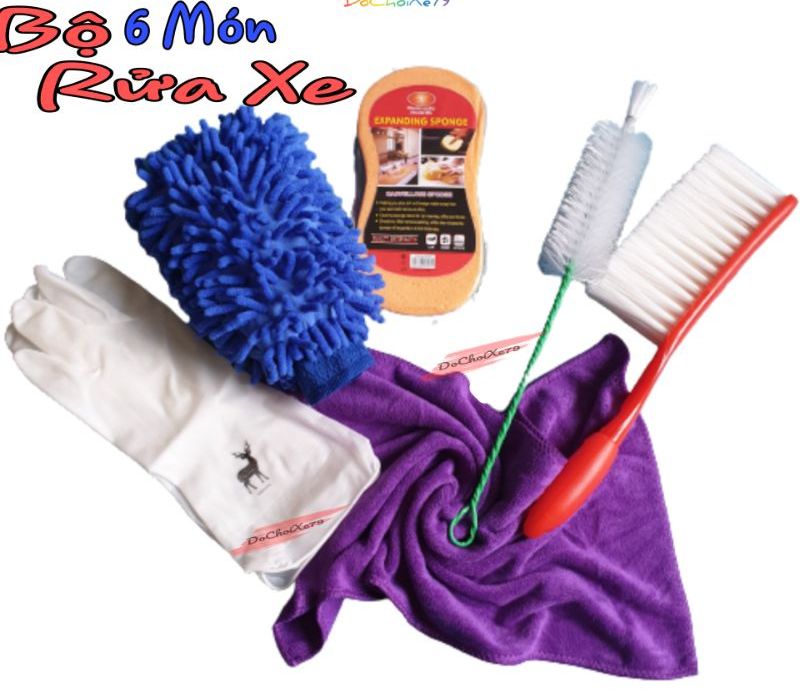 Combo dụng cụ lau rửa xe máy ô tô găng bao tay bàn chải cọ rửa Màu ngẫu nhiên