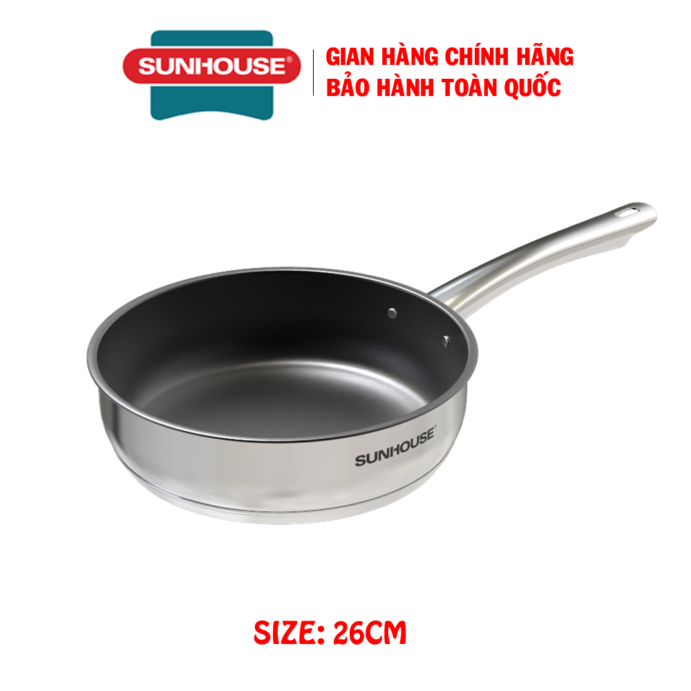 Chảo chống dính inox 5 đáy Sunhouse IN26M2 - Chảo đáy từ Sunhouse, Chảo inox 5 đáy size 26cm - Chảo chống dính bếp từ - Đáy 5 lớp truyền nhiệt tốt, Lớp Chống dính Whitford (USA) an toàn tuyệt đối, Tay cầm inox sáng bóng, cách nhiệt