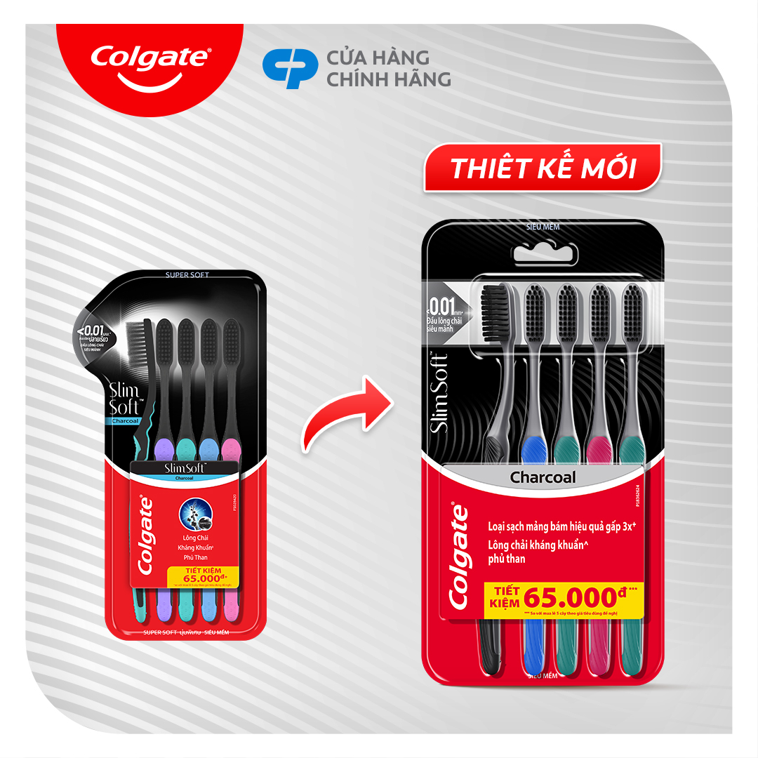 [Chỉ 4.4_Áp 2 tầng Voucher giảm đến 30%] Bộ 2 bàn chải Colgate SlimSoft Charcoal than hoạt tính kháng vi khuẩn siêu mềm mảnh
