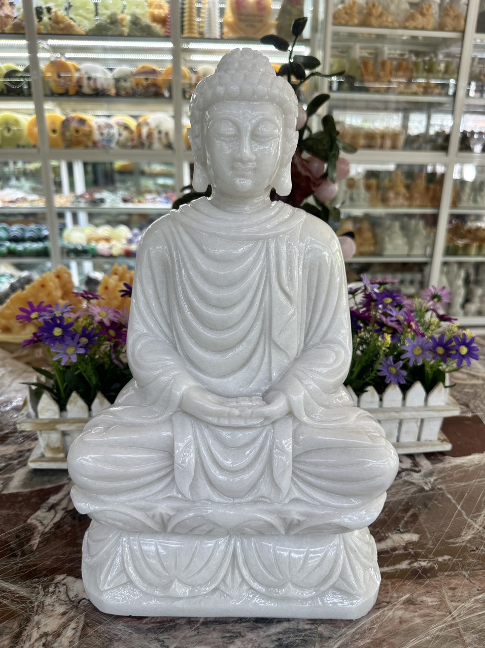 Tượng Phật Thích Ca ngồi đài sen đá cẩm thạch trắng - Cao 40 cm