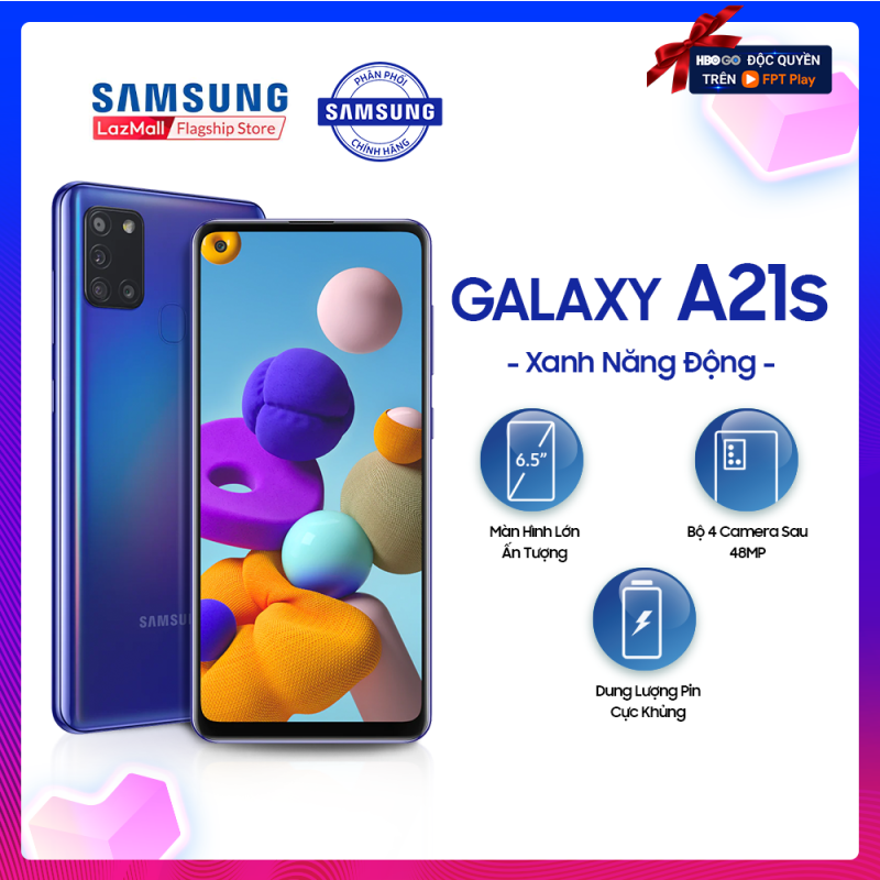 Điện thoại Samsung Galaxy A21s 32GB (3GB RAM) - Kích thước màn hình lớn lên đến 6.5 inch - Độ phân giải HD+ - Bộ ba camera - 2 Sim - Pin 5000mAH - Hàng phân phối chính hãng.