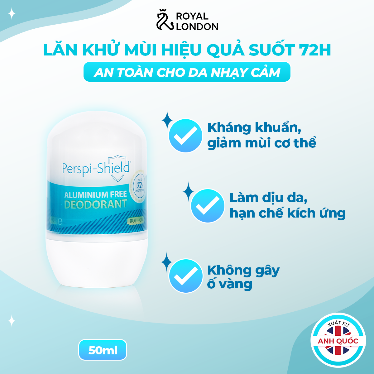 [ Date 01.2026 ] Lăn khử mùi cao cấp 72h Perspi-Shield cho mọi loại da 50ml