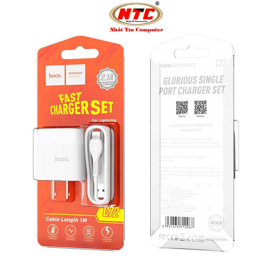 Combo cốc sạc và cáp sạc Hoco C72 cổng Lightning output max 2.1A (Trắng) - Nhat Tin Authorised Store