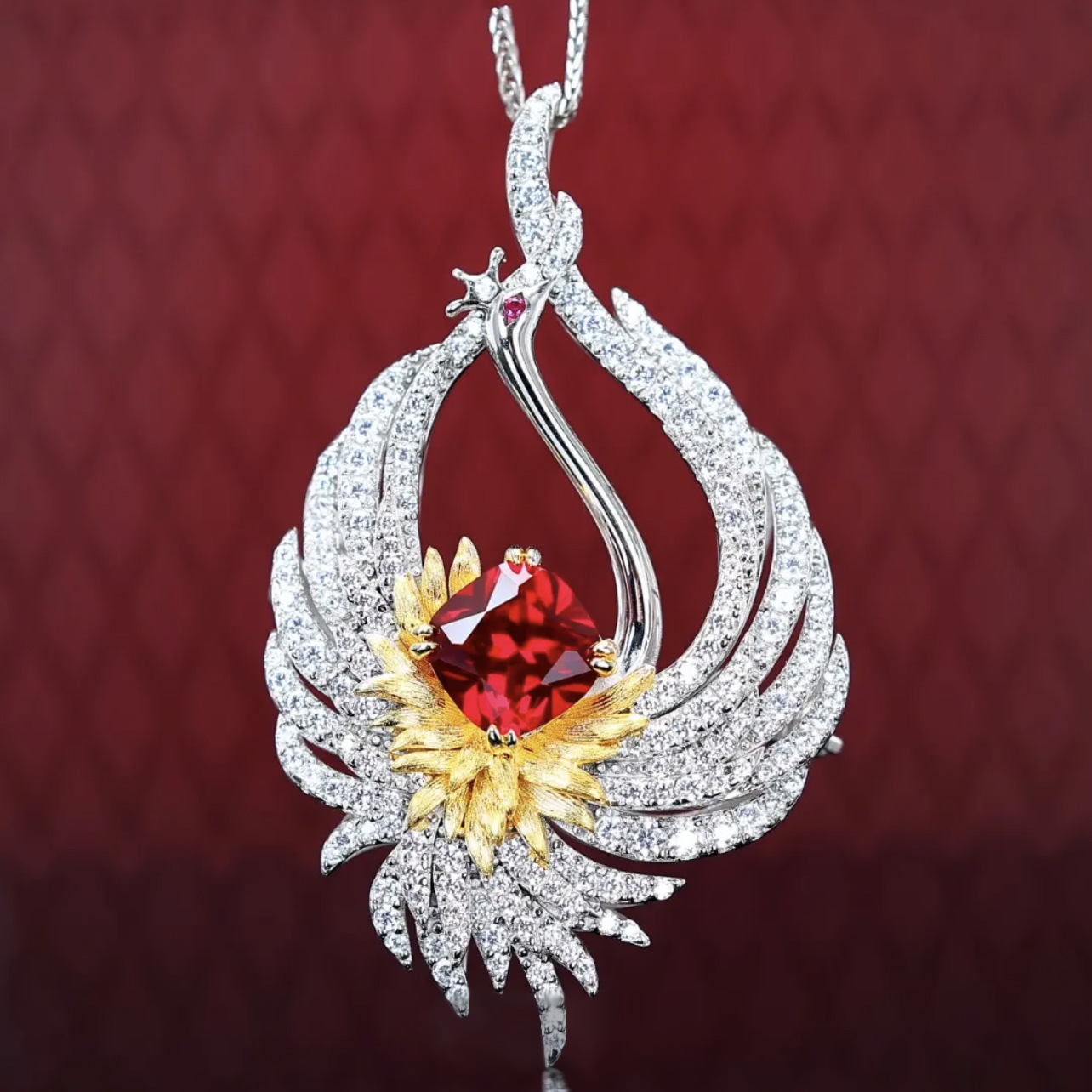 Chim bồ câu rực rỡ máu đỏ đá quý hạc mặt dây chuyền trâm đôi đeo zircon trang sức cao cấp màu đỏ corundum hoa tai phượng hoàng lửa