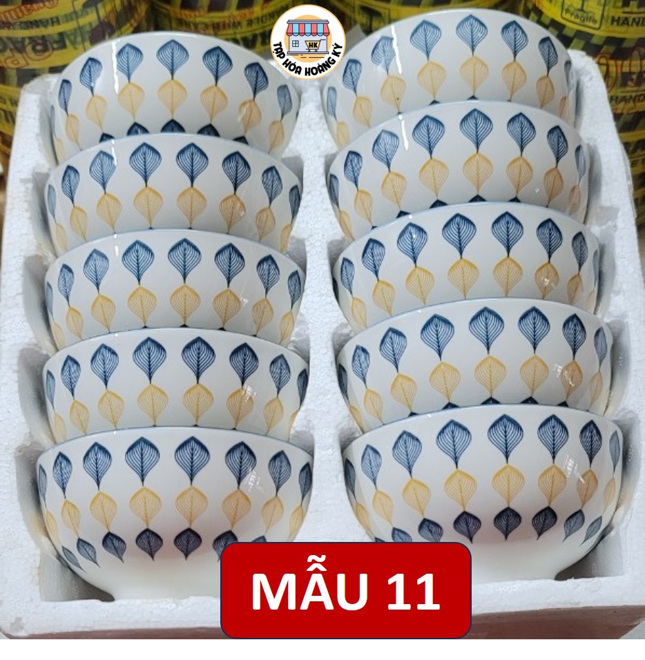 Bộ 10 Chén gốm sứ ăn cơm hoa văn 4D viền miệng chén ( không hộp Mousse)