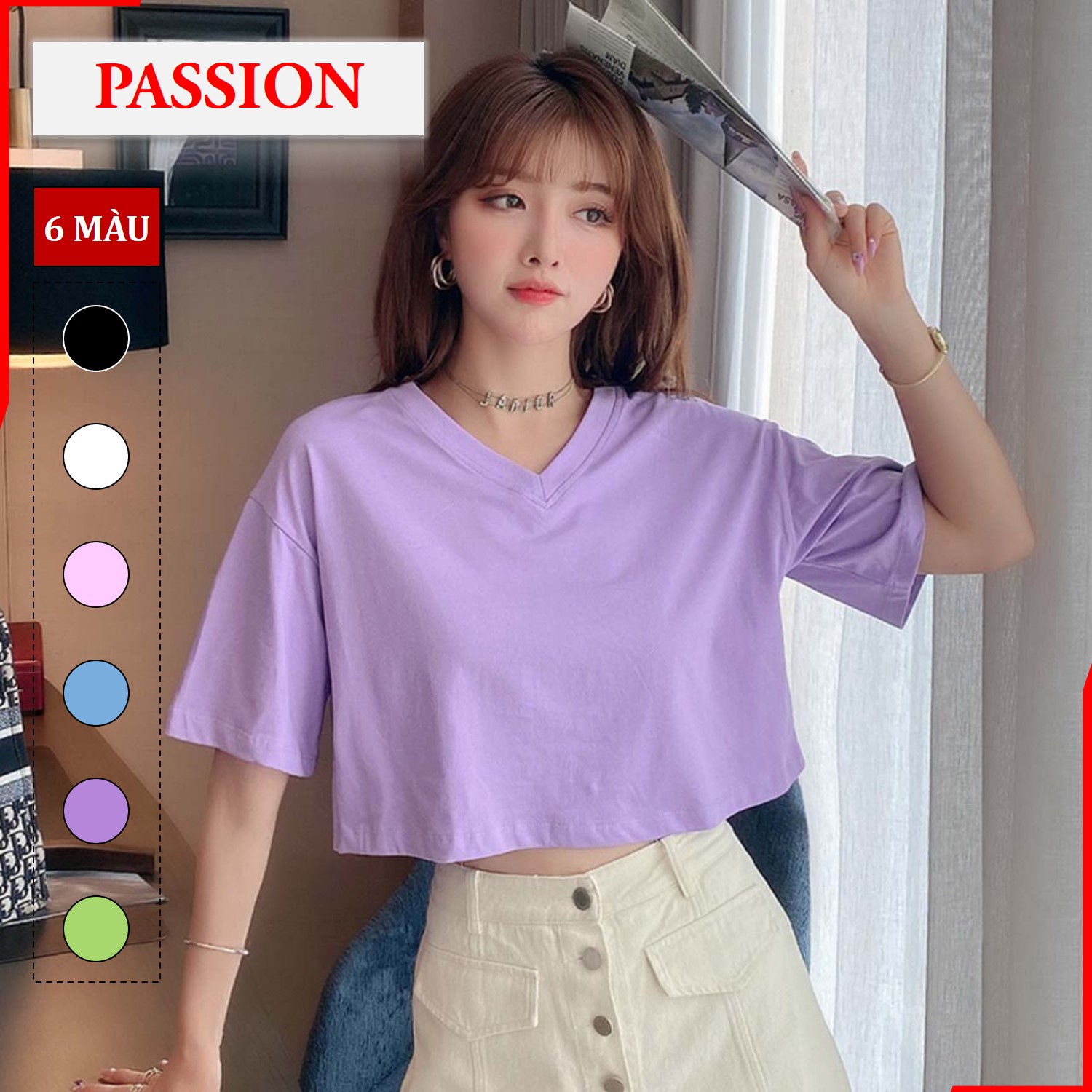 Áo thun croptop form rộng cổ tim PASSION kiểu dáng Ulzzang form rộng, croptop form rộng cổ chữ V