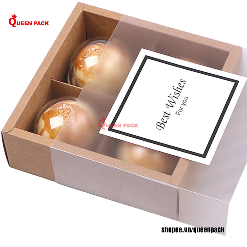 SET 5 Cái hộp giấy vuông kraft loại 4 ngăn và 6 ngăn đựng bánh kèm nắp nhựa mica mờ