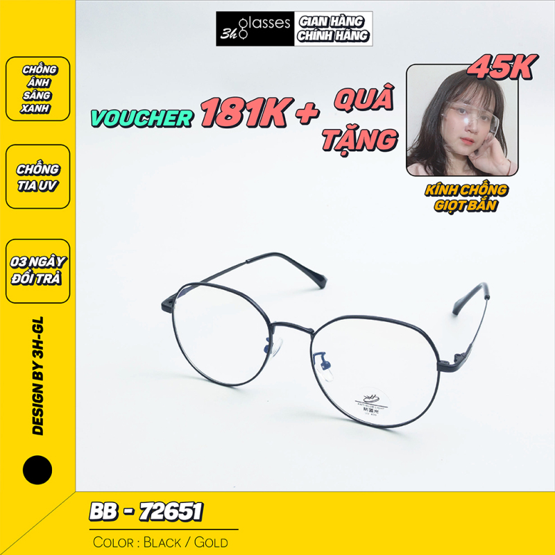 Giá bán Gọng kính cận nam nữ 3H Glasses , chất liệu TITANIUM 304 , hình dáng gọng oval, thích hợp với nhiều hình dáng khuôn mặt . BB-72561-Black