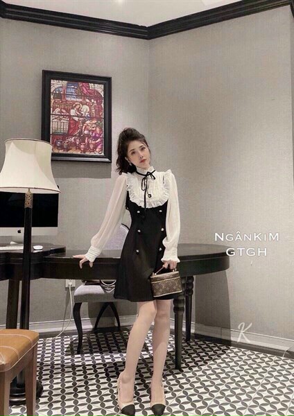 Đầm trắng đen form ngắn cổ tròn tay dài thắt dây siêu xinh, đầm tiểu thư đen phối tay dài trắng tơ bèo đính nơ cổ tròn cột dây dễ thương thanh lịch mtb