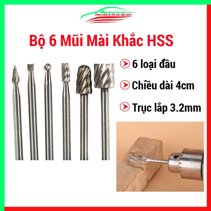 Bộ 6 mũi lũa gỗ điêu khắc, chạm trổ mài khắc HSS chân 3mm dùng cho máy khoan mài mini
