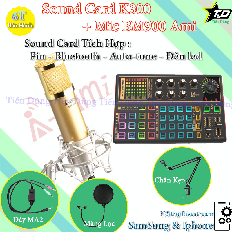 Bộ Mic thu âm BM900 Ami sound card k300 dây livestream MA2 chân kẹp màng lọc sound card k300 có autu tune và bluetooth